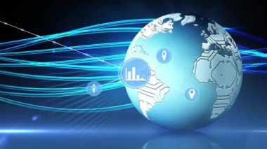 Neon akımları dünyaya doğru birleşerek veri akışını gösteren ikonların maddeleşmesine ve kümelenmesine neden oluyor. Teknoloji, veri, yenilik, bağlantı, siber alan, geleceksel, ağ