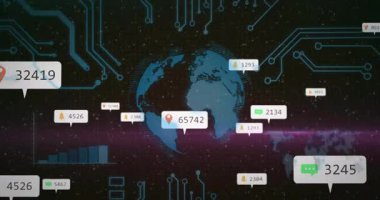 Dönen kürede yüzen veri etiketleri, güncellemeler, yükselen grafikler verileri görselleştiriyor. Gelecekçi, analitik, ağ, veri görselleştirme, teknoloji, dijital arayüz, soyut