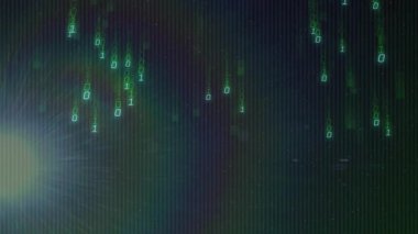 Parlak ışık sol alttaki mercekten girerek alevleniyor, ikili haneli rakamlar kod simülasyonuna dönüşüyor. Gelecek, veri, teknoloji, animasyon, dijital, siber, soyut