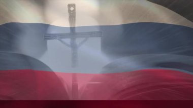 Rüzgar üç renkli Rus bayrağını kaldırıyor dalgalanan, ince kıvrımlı haçı ortaya çıkarıyor. Vatanseverlik, maneviyat, miras, anıt, kumaş, sembolizm, gelenek