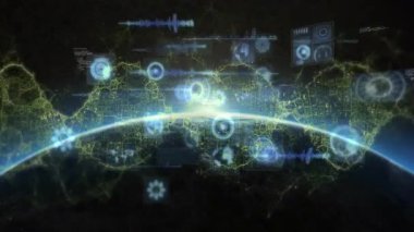 Şekillendirilmiş küre dönüşümlü olarak ortaya çıkıyor. Güneşin doğuşunu yayıyor ve veri içgörüsü için darbe panelleri oluşturuyor. Fütürist, teknoloji, veri görselleştirme, gök, sibernetik, dijital arayüz, yenilik