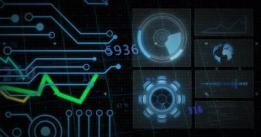 Başlangıçta dijital paneller düz tasarımda canlı veri akışını canlandırmak için canlandırma ve güncelleme yapıyor. Teknoloji, yenilik, fütüristik, arayüz, analitik, dijital, bağlantı