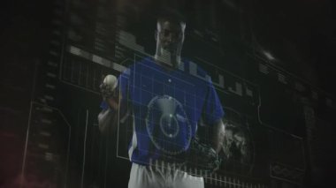 Beyzbolcu veri şebekesini etkinleştiriyor. Teknoloji dünya haritasını şekillendirirken topu eldivenle fırlatıyor. Sporcu, spor, dijital, yenilik, gelecekçi, teknoloji, arayüz