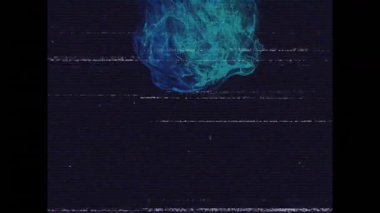 Arızalı tarama çizgileri beliriyor, parlayan cyan-blue örgü ortaya çıkıyor, bozulmayı göstermek için yanıp tutuşuyor. Soyut, geleceksel, dijital, siber, sensör, teknoloji, neon