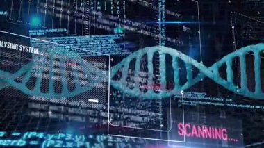 DNA sarmalının etrafında görünen beyaz kaplama tarama işlemini başlatıyor sarmal dalgalanıyor. Biyoteknoloji, tanı, fütüristik, animasyon, bilim, yenilik, teknoloji
