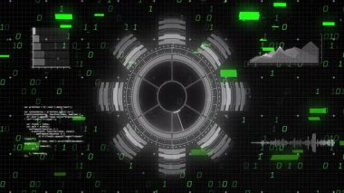 Metalik dairesel mekanizmayı çalıştıran arayüz yüklemesi veri güncelleme ölçümleri olarak döner. Teknoloji, veri görselleştirme, fütürizm, dijital arayüz, siber güvenlik, soyut, analitik