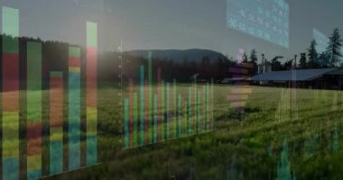 Güneş parlaması yoğunlaşıyor: çubuk grafikleri soluyor ve sonra tarım alanı üzerinde kayarak veri eğilimlerini vurguluyor. Analizler, görselleştirme, veri, tarım, manzara, dijital, içgörü