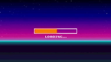 Neon ufku dolduran piksel çubuğu yükleniyor, GLITCH 'i gösteren tünel arızalı, imleç FLASH' a tıklanıyor. Dijital, fütüristik, buhar dalgası, siber punk, animasyon, görsel, soyut