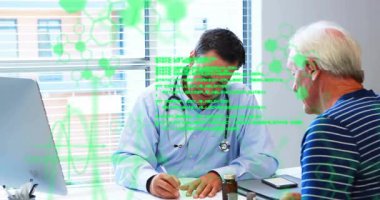 Tıbbi veri titreşimli notlar yazmak, sonuçları açıklayan animasyon çizelgelerine rehberlik etmek. Tıbbi, sağlık, teletıp, tanı, dijital, danışma, profesyonel