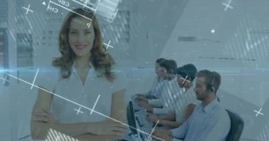 Animasyon çizgisi grafiği olarak gözlemleyen çağrı merkezi yöneticisi kayboluyor ve takım başarısını gösteriyor. İş, takım çalışması, analitik, kurumsal, profesyonel, dijital, iletişim