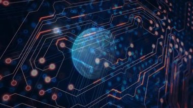 Parıldayan mavi küre ortaya çıkıyor, titreşimli devreler ve yanıp sönen düğümler sabit ağı görselleştiriyor. Teknoloji, yenilik, gelecekçilik, dijital, bağlantı, siber, veri