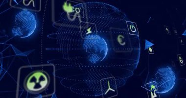 Yükleme noktası- bulut küresi üzerinde yavaşça dönen halkalar veri akışı için titreşen ve etrafında dönen simgeleri açığa çıkarıyor. Sürdürülebilirlik, yenilenebilir enerji, veri görselleştirme, çevre teknolojisi, rakam, gelecek kavramı, yenilik