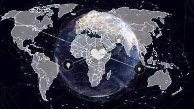 Kablo çerçevesini gösteren 3 boyutlu Dünya 'yı açtığımızda, çeşitli simgeler ağ içinde birbirine bağlı düğümler oluşturur. Küresel, bağlantı, teknoloji, yenilik, veri, iletişim, dijital