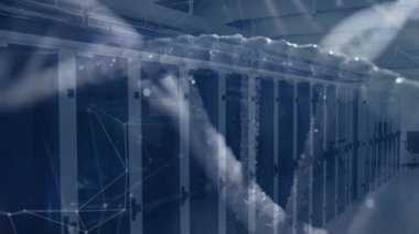 Durakladıktan sonra, veri akışını gösteren ağ ağı darbeleriyle rafların üzerinde sürüklenen 3 boyutlu sarmal maddeleşir. Teknoloji, siber güvenlik, dijital, yenilik, bağlantı, gelecek, altyapı