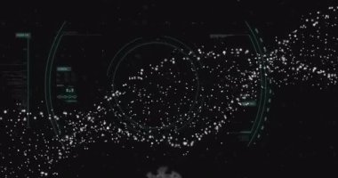 Dönen virüsün etrafında dönen sarmal şeklinde hareket eden parçacıklar algılama verilerini görselleştiriyor. Bilim, biyoteknoloji, holografi, fütüristik, veri görselleştirme, moleküler, sağlık