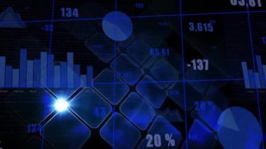 Mavi ışık, veri görselleştirmesi için dönen karolar ortaya çıkarken çapraz olarak titreşiyor. Veri, analitik, görselleştirme, dijital, geleceksel, teknoloji, arayüz