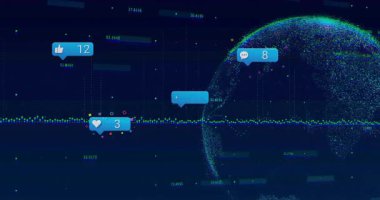 Konuşma baloncukları başlangıç simgelerinde kayboluyor. Artan bağlılığı göstermek için toplanıyor ve dünya dönüyor. Etkileşimli, analitik, fütüristik, veri görselleştirme, dijital, küresel, eğilim
