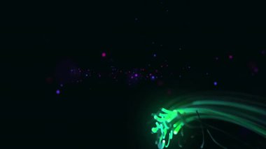 Parlak yeşil kıvılcımlar saçan soluk mor küme akışı gösteren kıvrımlı neon kurdeleye dönüşüyor. Soyut, fütüristik, dijital, aydınlık, hareket, enerji, bilim kurgu
