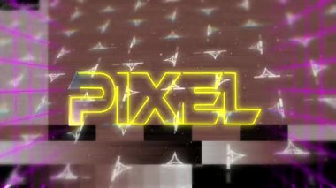 PIXEL metni şebeke uzayında çeviriliyor, tarama hatlarını tarıyor ve sürüklenen parçacıklarla blokları düzenliyor. Fütürist, siber, dijital, soyut, neon, hareket, teknoloji