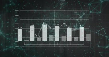 Çizgi grafik piyasa eğilimlerini gösteren tepeleri canlandırırken veri beslemesi geliyor ve çubuklar oluşuyor. Analizler, veri görselleştirme, dijital arayüz, finans, teknoloji, fütürizm, hareket grafikleri