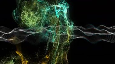 İlk çerçeve noktalı dalgada dalgalanan sarı-gök mavisi parçacıkları ortaya çıkıp dağılıyorlar. Soyut, dijital sanat, hareket grafikleri, fütüristik, aydınlık, dinamik, görselleştirme