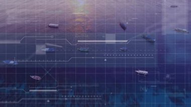 Güneşin doğuşu okyanusu izlemeyi etkinleştiriyor, botları titreşen HUD işaretleyicileri ve kılavuz hatlarıyla birleştiriyor. Hava görüntüleme, denizcilik teknolojisi, dijital arayüz, gemi izleme, kıyı çevresi, veri görselleştirme, navigasyon