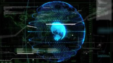 Arayüz başlangıcında, tarama çubuğu parlayan dünya üzerinde kayarak, izleme için veri düğümlerini gösterir. Coğrafi, teknolojik, yenilikçi, ağ, arayüz, görselleştirme, siber