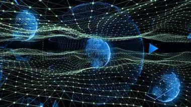 Başlangıçta merkez küre dalgalanan ve sürüklenen bir ağ dalgası üzerinde süzülerek veri akışını gösterir. Teknoloji, veri görselleştirme, dijital ağ, fütüristik, soyut, hareket grafikleri, yenilik