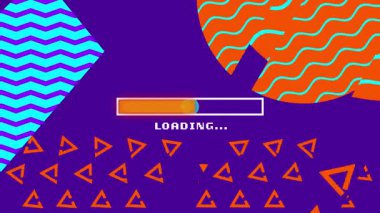 Çubuğun turuncu dolgu ile görünmesi mavi çemberin neon üçgen nokta döngüsüne ilerlemesine neden oluyor. Soyut, dijital, canlı, fütürist, dinamik, hareket, geometrik