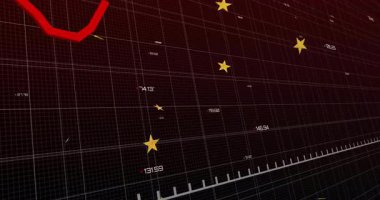 Başlangıçta, piyasa eğilimlerini temsil eden kırmızı eğri dilimleme ızgarası olarak sayısal etiketler arasında sürüklenen yıldızlar. Finansal analiz, veri görselleştirme, yatırım, dijital arayüz, sinema tarzı, borsa, teknolojik