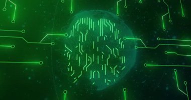 Dönen kürede neon yay, dijital beyin devresi merkezini oluşturan veri noktaları oluşturur. Siber uzay, nöral, fütüristik, teknoloji, yenilik, bağlantı, soyut