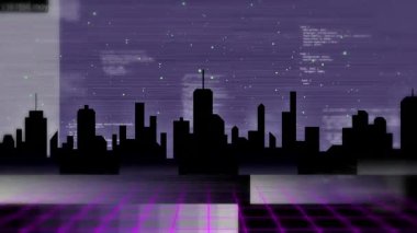 Arızalı şehir silueti macenta şebekede beliriyor, mavi tarama çizgileri yukarı sürükleniyor, yeşil noktalar yanıp sönüyor. Siberpunk, dijital, fütüristik, neon, teknoloji, sanal, soyut