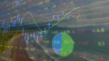 Dağların üzerinden geçen yeşil çizgi, piyasa değişimlerini gösteren nabız çizelgeleriyle kırmızı çizgi. Finansal, analitik, veri görselleştirme, dijital, modern, teknoloji, büyüme