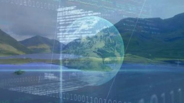 Başlangıçta ikili rakamlar kayan göl küresi solan grafikler veri görselleştirmesi için canlandırma yapıyor. Teknoloji, veri, analitik, dijital, fütüristik, görselleştirme, soyut