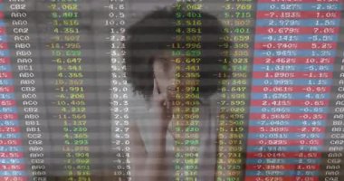 Analist yüze dokunuyor ve şeffaf ekrandaki değişen hisse senedi verilerini analiz ediyor. Teknoloji, finans, analitik, profesyonel, veri, fütüristik, iş