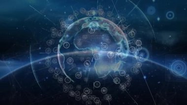 Ortaya çıkan dijital küre açılıyor, küre etrafında dönen ikon halkaları Afrika 'yı veri haritası için renklendiriyor. Fütürist, küresel, teknoloji, ağ, dijital, soyut, bağlı