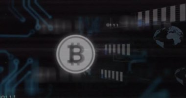 Siyah çerçeve parlayan Bitcoin parasına dönüşüyor, devre titreşimi ve bit parçaları kripto gösterge paneline akıyor. Kripto para birimi, engelleme zinciri, dijital finans, fütüristik, yenilik, veri görselleştirme, teknoloji