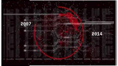 Kırmızı küre ortaya çıkıyor, düğümler maddeleşiyor gösterge süpürme, şehir yıllarını birbirine bağlayan ışınlar. Teknoloji, veri görselleştirme, dijital ağ, küresel bağlantı, fütüristik, siber, bilgi akışı