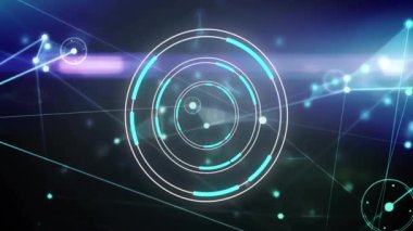 Nabız taranıyor, eş merkezli HUD halkaları etkinleştiriliyor, nabız atıyor ve turkuaz çubukları döndürüyor, verileri görselleştiriyor. Gelecek, teknoloji, dijital, arayüz, siber, neon, ağ