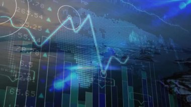 Sahilde gün batımı beliriyor, finans çubukları yükseliyor, neon hat tırmanışı, piyasa zirvelerini işaretleyen daireler. Görselleştirme, analitik, veri, yatırım, dijital, fütüristik, soyut