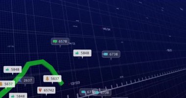 Yeşil trend çizgisi, sosyal ölçüm eğilimlerini göstererek yukarı doğru genişliyor. Analizler, gösterge paneli, veriler, görselleştirme, teknoloji, dijital, fütüristik