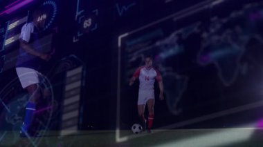 Erkek futbolcu 3D spor teknolojisiyle topu tutabilmek için top sürerken ve kayarken top sürüyor. Atletik, rekabetçi, gelecekçi, dijital, strateji, hareket, kararlılık