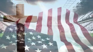 Sol tarafta sabit kalan kamera ve stadyumun üzerinde dalgalanan bayrak birliği simgeliyor. Vatanseverlik, esneklik, sembolizm, açık hava, mimari, hareket, havacılık