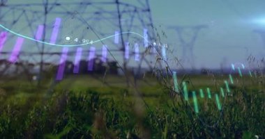 Dijital şema çöküyor, parmaklıklar dalgalanıyor güç eğilimlerini gösteren kuleleri geri çekiyor. Altyapı, enerji, modernleşme, görselleştirme, teknoloji, sürdürülebilirlik, manzara