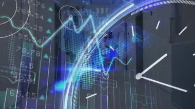 Animasyon veri görselleştirmesi, hastane koridorunda yürüyen izleme hattı grafiklerinde kayboluyor. Sağlık, analitik, dijital, profesyonellik, takım çalışması, yenilik, klinik