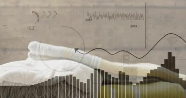 Havluda görünen yarı saydam arayüz hareket çizelgeleri ve eğilimleri gösteriyor. Mobilya, sağlık, modern, dijital, minimalizm, rahatlama, teknoloji