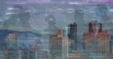 Şehrin ufuk çizgisi katman çizgisi grafikleri ve bar çizelgeleri alacakaranlıkta stilize edilmiş sarmal deseniyle birleştiriliyor. Kentsel, teknoloji, veri, yenilik, gelecekçi, kurumsal, dijital