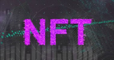 Sanal torpido gözünde mavi NFT harfleri kesişiyor, ızgara motifi. Futuristik, teknoloji, engelleme zinciri, dijital arayüz, soyut, veri görselleştirme, siber