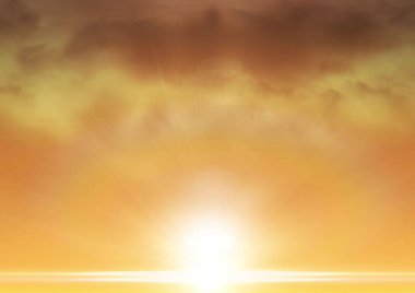 Parlayan güneş diski ufukta parlıyor. Düz dizayn edilmiş, gradyan gökyüzü ve ince bulutlar var. Gündoğumu, günbatımı, atmosfer, manzara, canlı, huzur, doğal