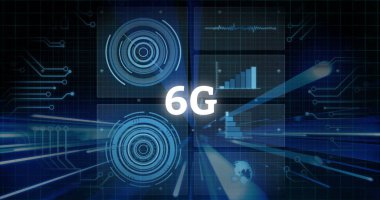 Dijital ağda 6G metin, ızgara kaplaması, HUD panelleri, dalga formu ve bar grafiği, dünya simgesi gösteriliyor. Fütürist, dijital, yüksek teknoloji, soyut, siber, bağlantı, yenilik